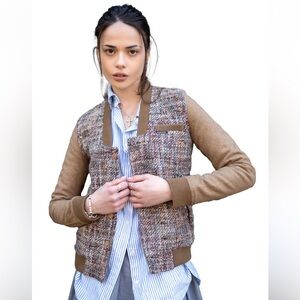 Members Only Women's Updated Tweed Varsity Jacket with Contrast Sleeve Sz Large